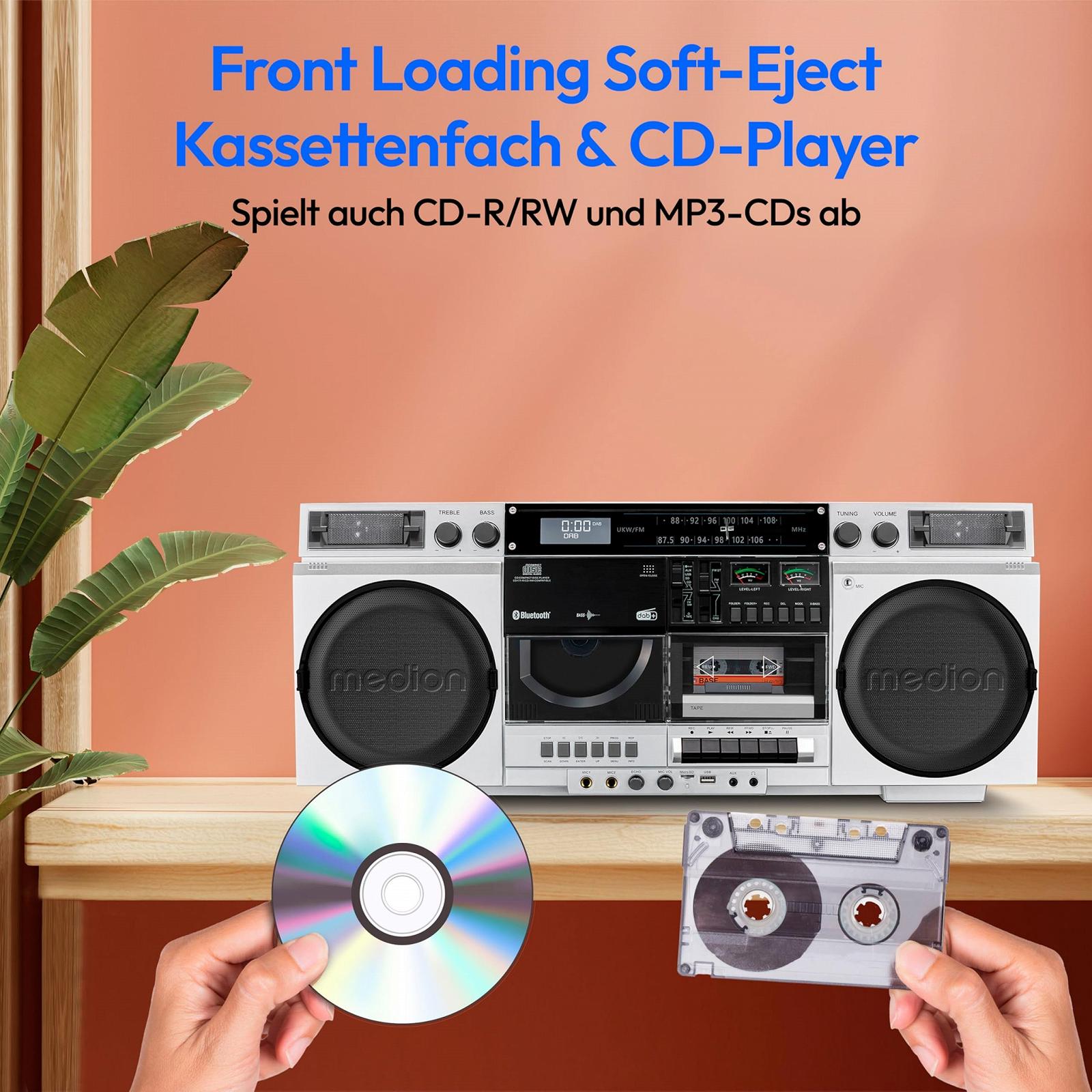 Ретро магнитола MEDION P66538 с CD-плеером, USB, SD, CD, кассеты MC, DAB+ радио, телескопическая антенна, Bluetooth, кассетная дека, функция записи, питание от батарей, фото №6