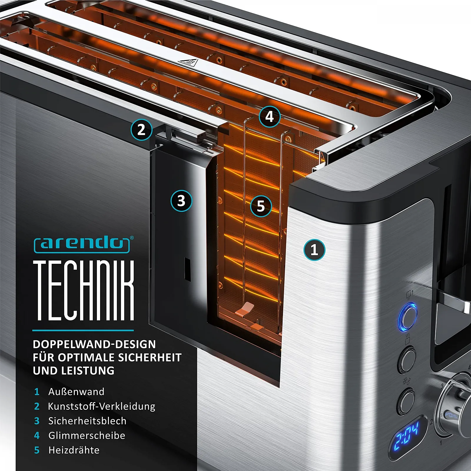 Тостер Arendo з нержавіючої сталі з довгим слотом на 4 скибочки, функція розморожування, теплоізоляційний корпус, з інтегрованою насадкою для булочок, 1400 Вт, піддон для крихт, дисплей з відображенням часу, фото №5