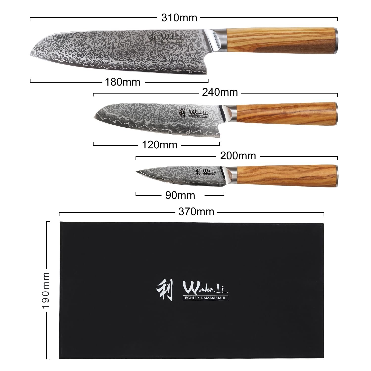Набор ножей Wakoli Oribu Damask Kiritsuke, 3 шт, лезвия 11-20 см, 67 слоев, дамасская сталь, ручка оливковое дерево, фото №9