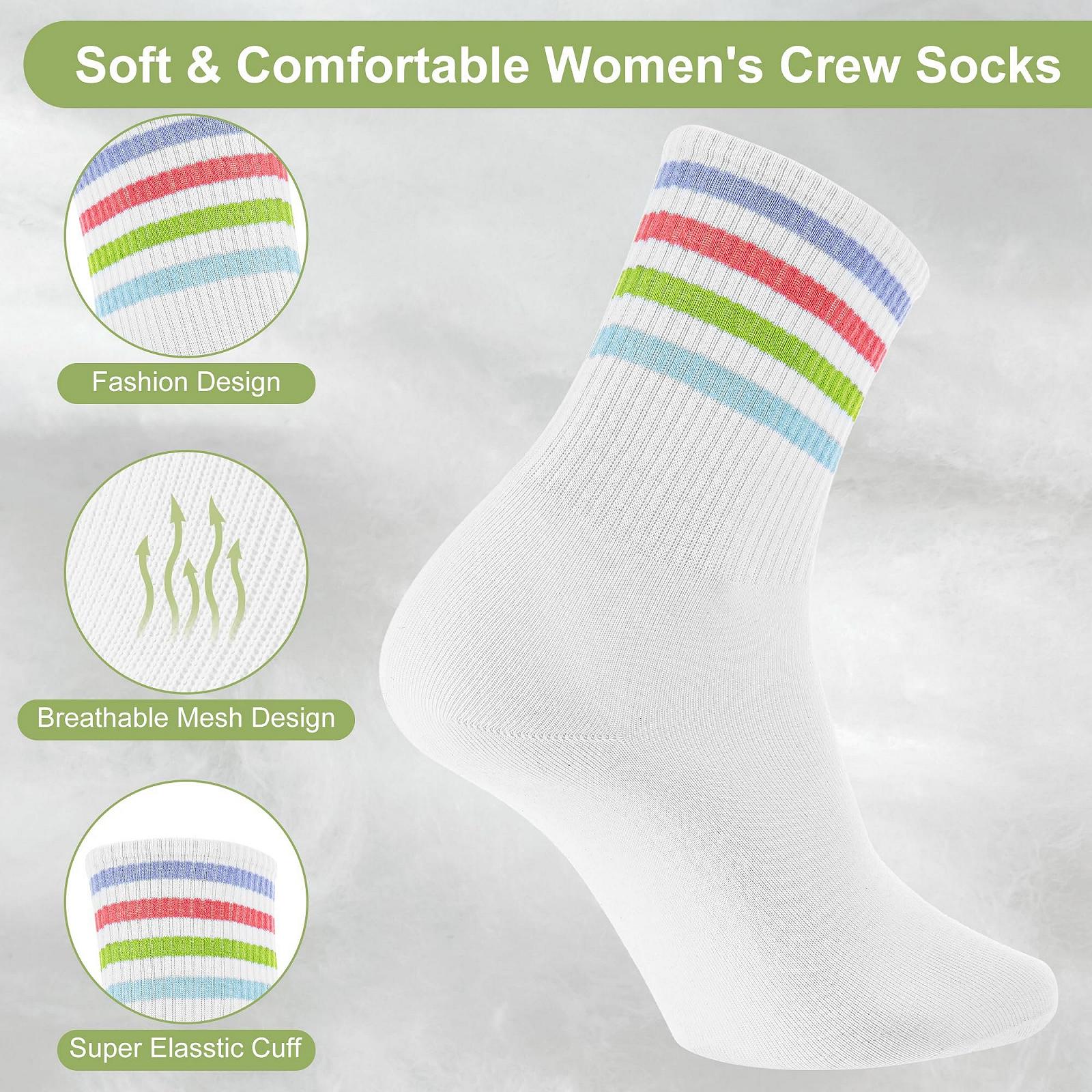 Женские теннисные носки 6 пар, хлопковые носки, спортивные носки, высокие носки в полоску, белые носки для спорта, тенниса, цветные полоски, фото №2