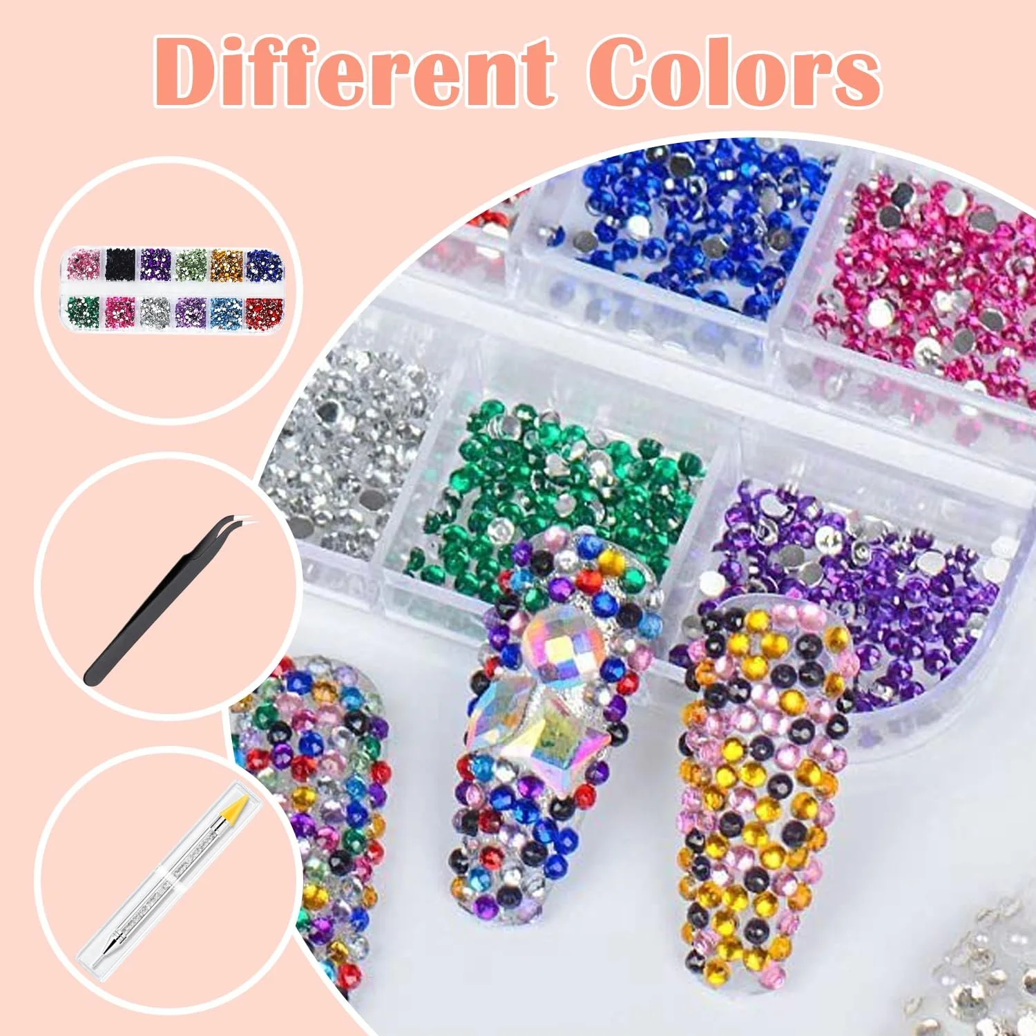 Стразы для ногтей 1500 шт., плоские, с пинцетом и ручкой для нанесения страз, идеальны для DIY дизайна ногтей (12 цветов), фото №5