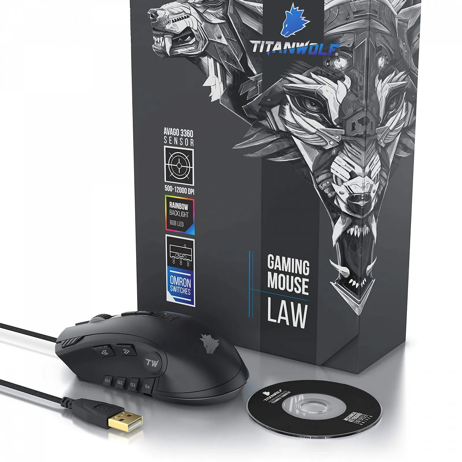 Мышь игровая Titanwolf LAW, 24000 DPI, сенсор Avago 3360, 12 кнопок, RGB, регулировка веса, фото №6