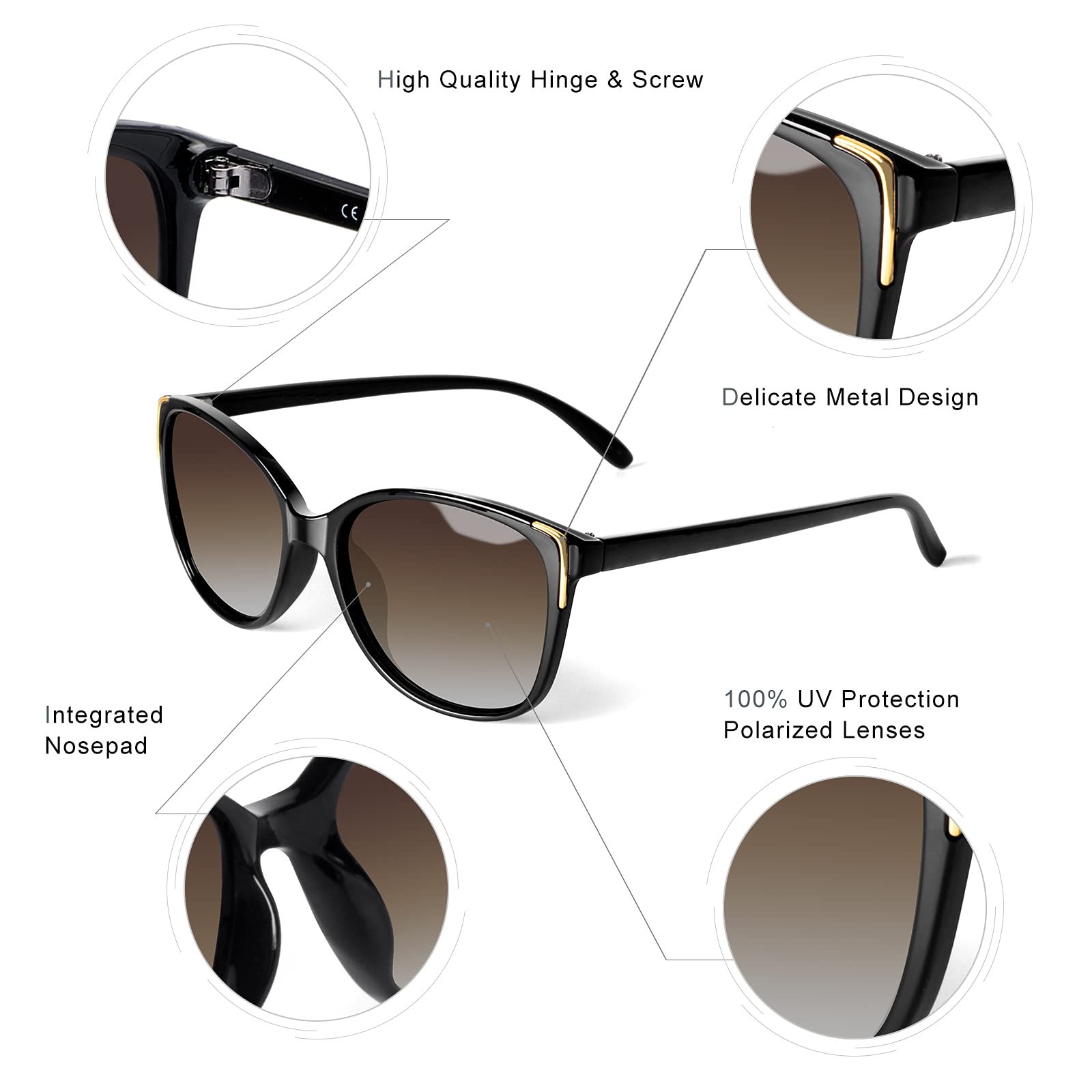 Сонцезахисні окуляри Cateye Face Shadow Поляризовані з UV400 захистом Металева декорація Сучасні Надлегкі Для вулиці, фото №5