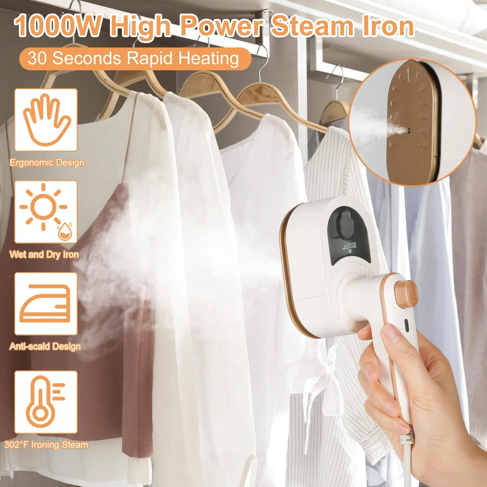 Мини-утюг дорожный Euakee Mini Travel Iron складной 1000 W Бежевый, фото №2