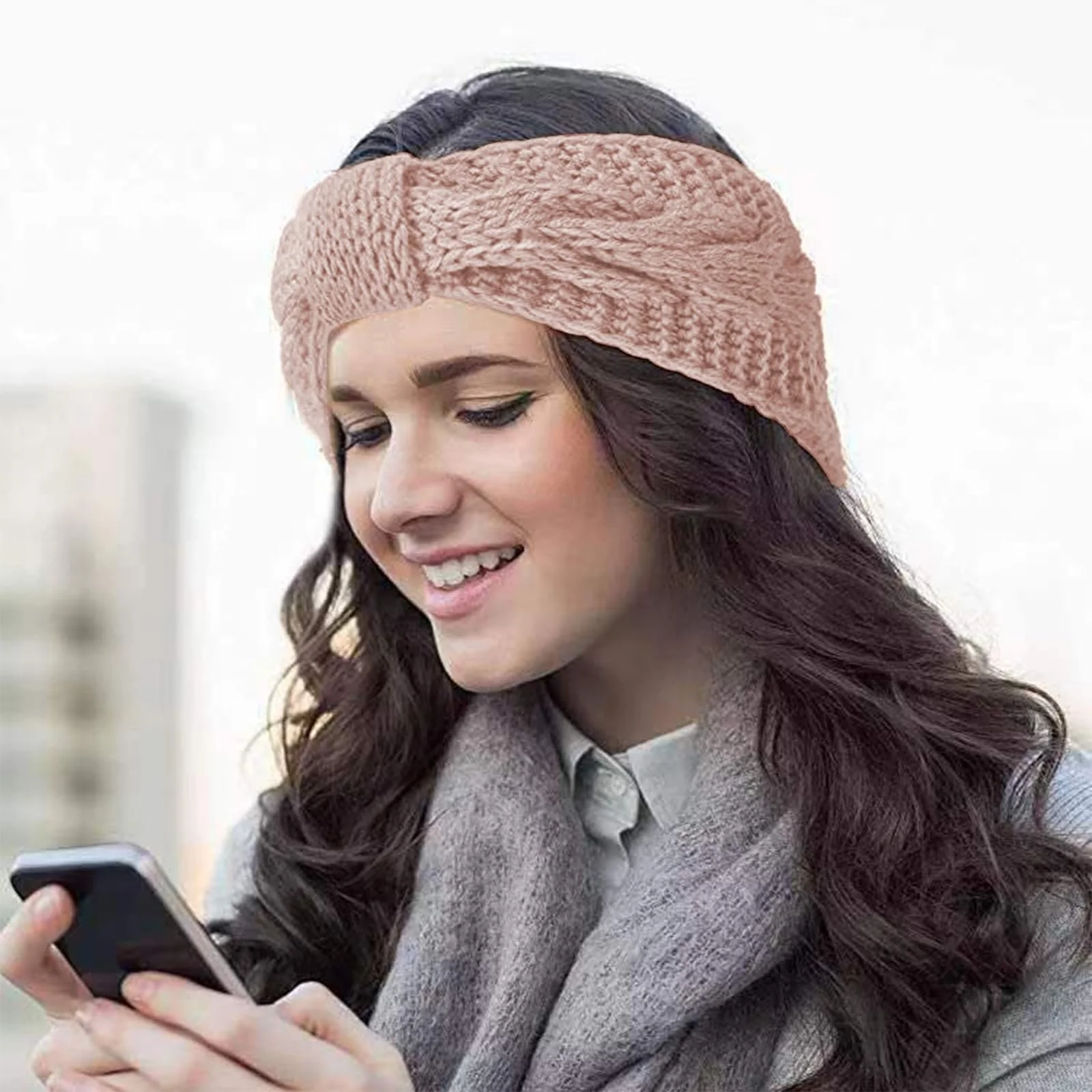 Вязаная Повязка на Голову Женская Эластичная для Согревания Ушей с Перчатками для Спорта Лыжного Осенью и Зимой Розовая, фото №4 Вязаная Повязка на Голову Женская Эластичная для Согревания Ушей с Перчатками для Спорта Лыжного Осенью и Зимой Розовая, фото №4