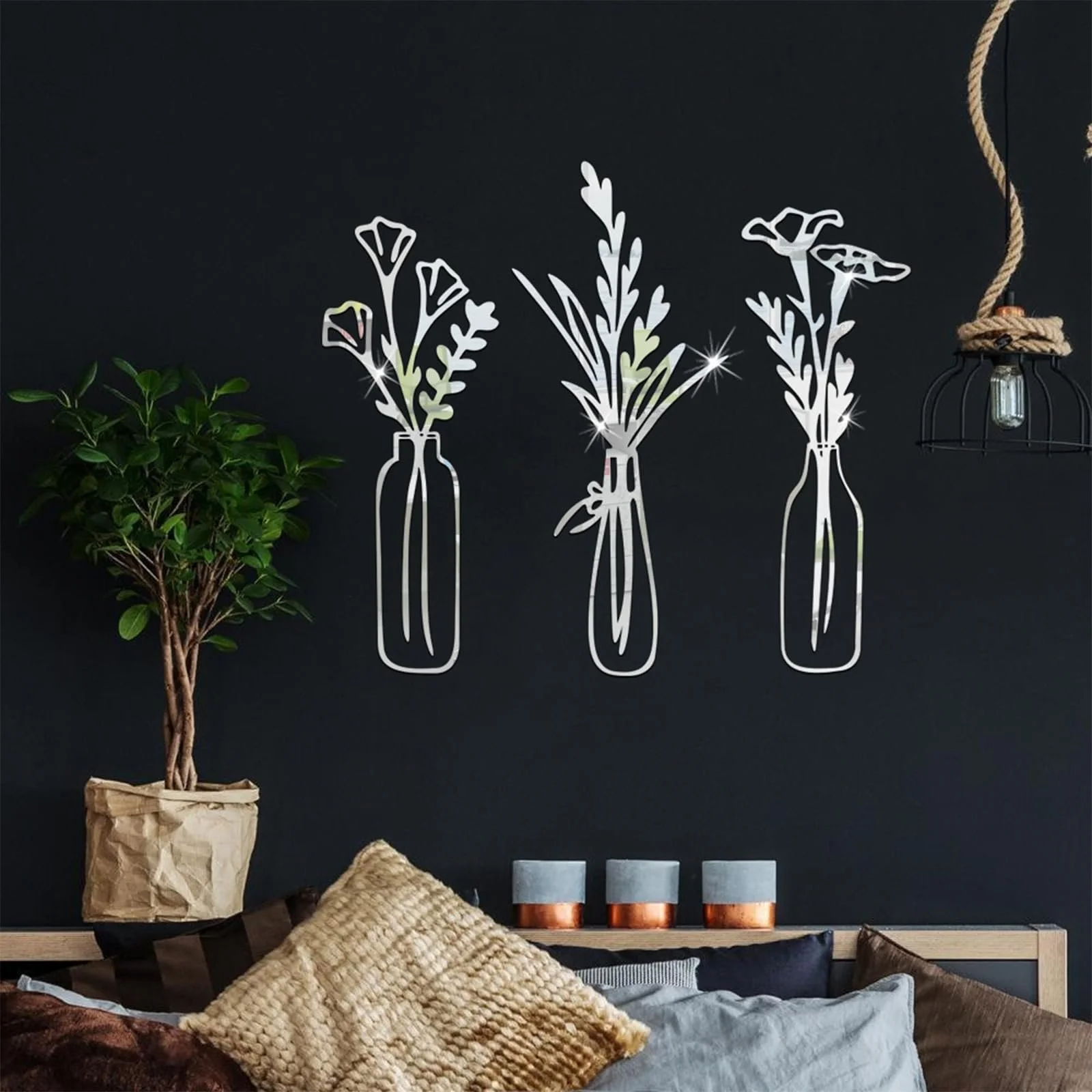 Наклейки на стену Акриловые зеркальные Цветы Ваза 3D Самоклеящиеся 3 шт. Серебристый, фото №9