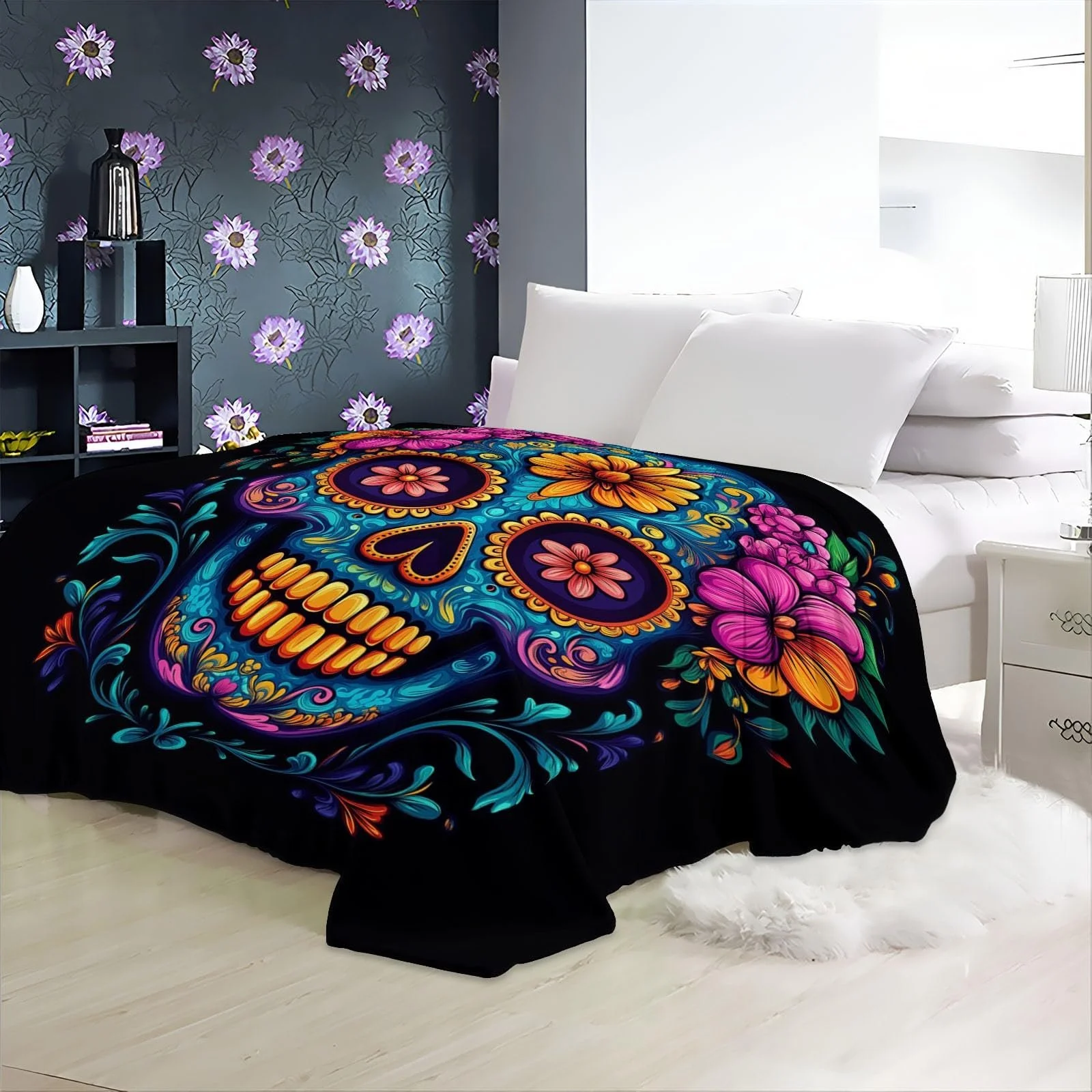 Одеяло Флисовое Простое Цветочное Череп Плотное и Теплое Фланелевое Одеяло Мягкое Пушистое Плюшевое для Всех Сезонов Сине-Оранжевое, 180 x 220 см, фото №6