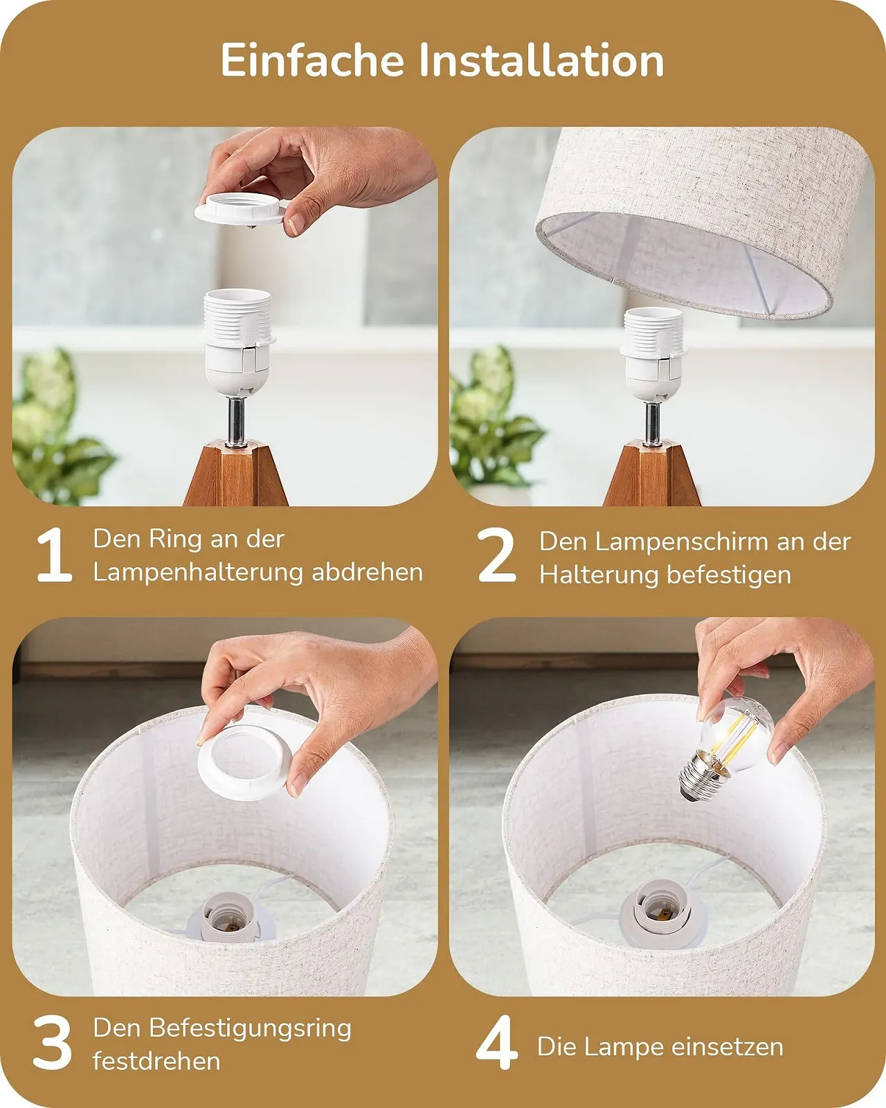 Настільна лампа EDISHINE E27 Тринога Дерево Бежевий льон, фото №6