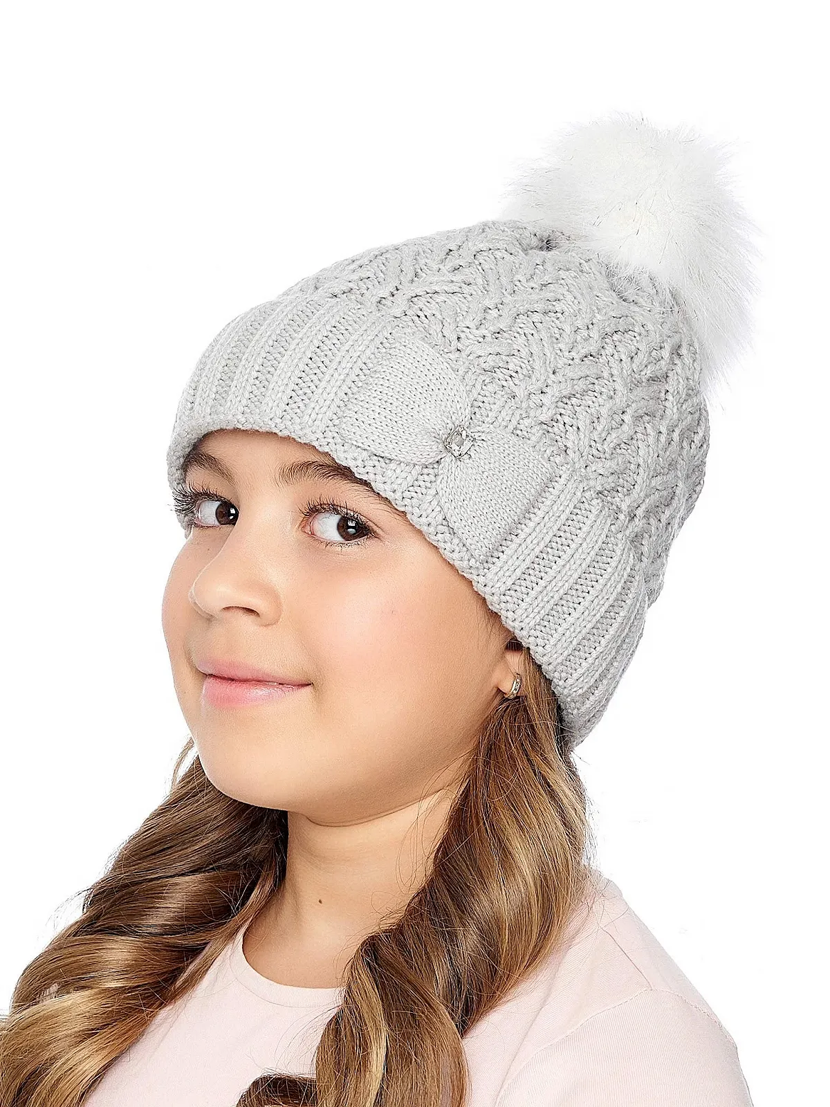 В'язана Шапка Marhatter Зимова Сучасна для Дівчат, з Бантиком та Блискучим Камінням, світло-сіра, фото №3