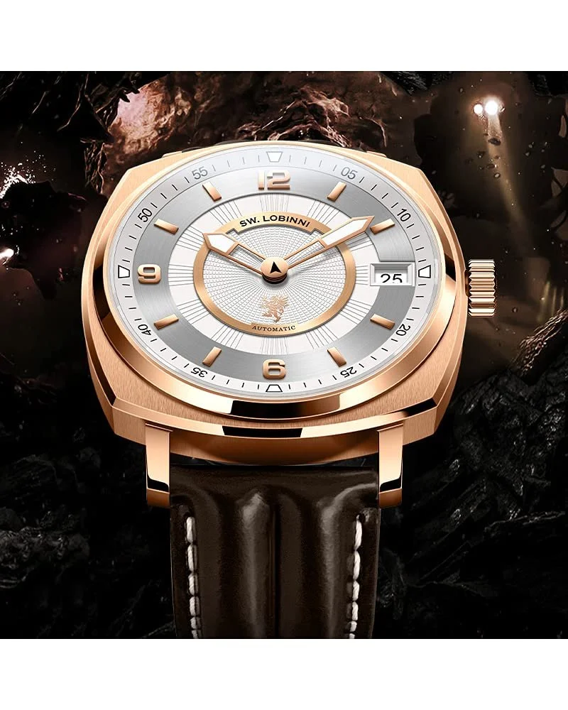 Мужские Квадратные Автоматические Механические Модные Аналоговые Роскошные Календарные Наручные Часы LOBINNI Rose White L Mechanical, Rose-White-L, Mechanical, фото №3