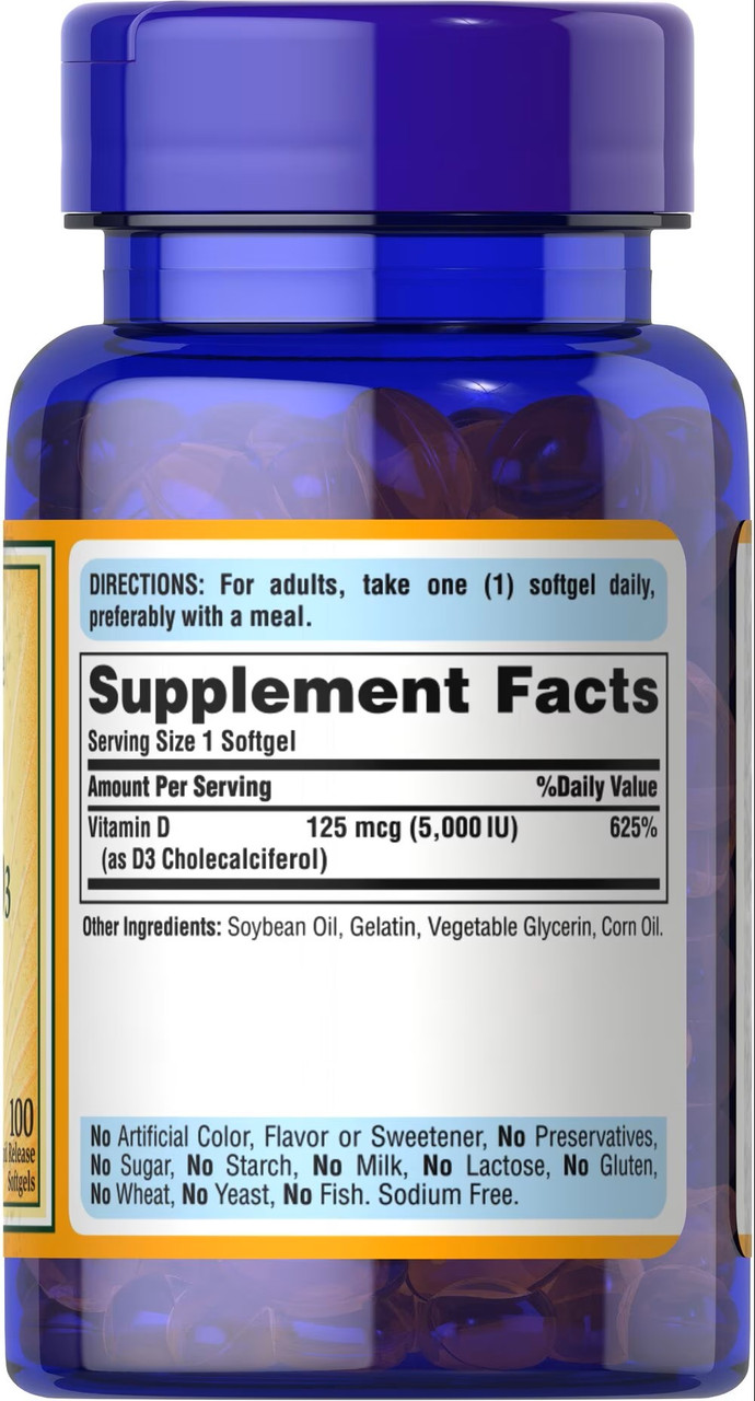 Витамин D3 Puritan's Pride Vitamin 5000iu 100 Softgels, фото №2