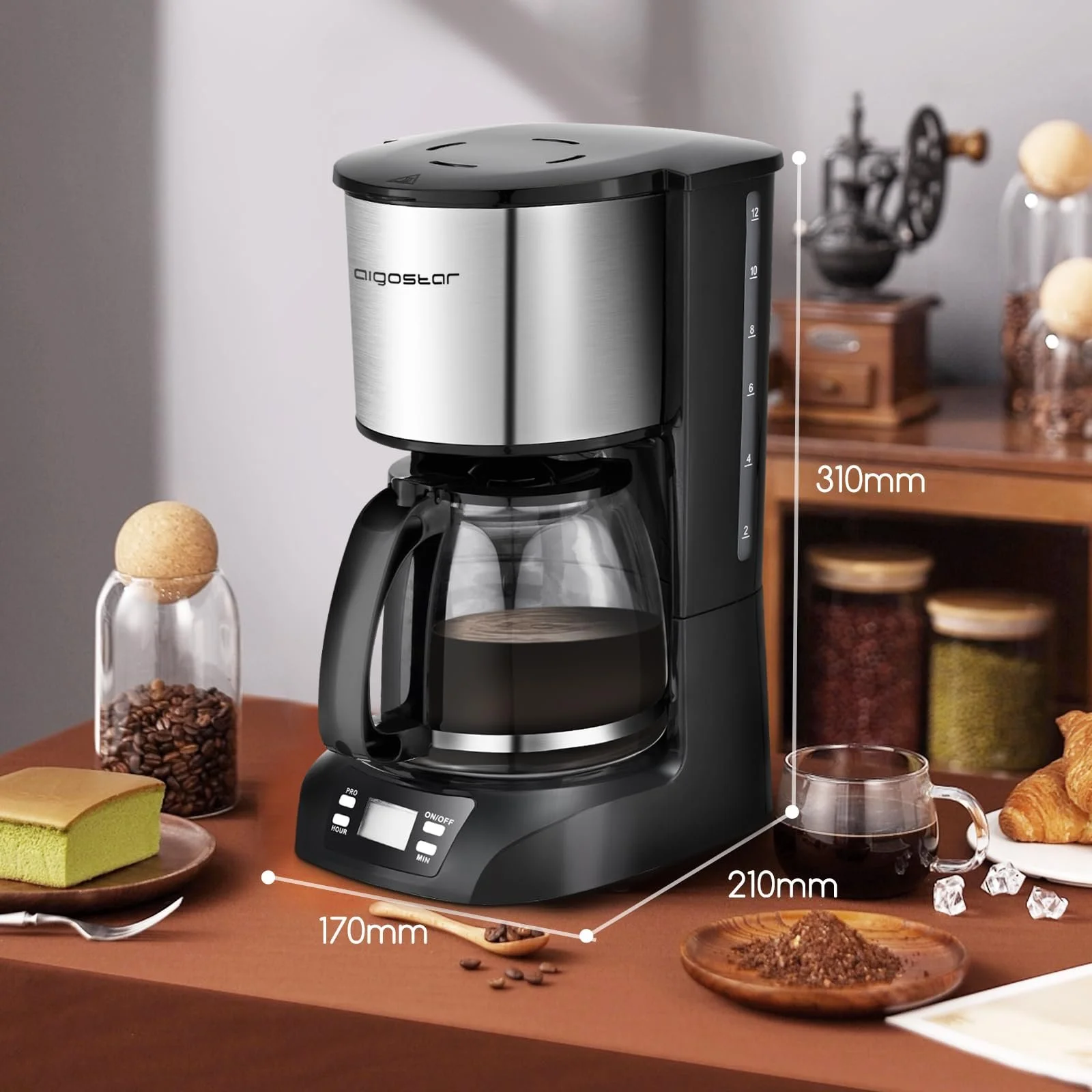 Капельная кофеварка Aigostar Benno Digital 1.5 л 800 Вт Нержавеющая сталь/Черный, фото №3