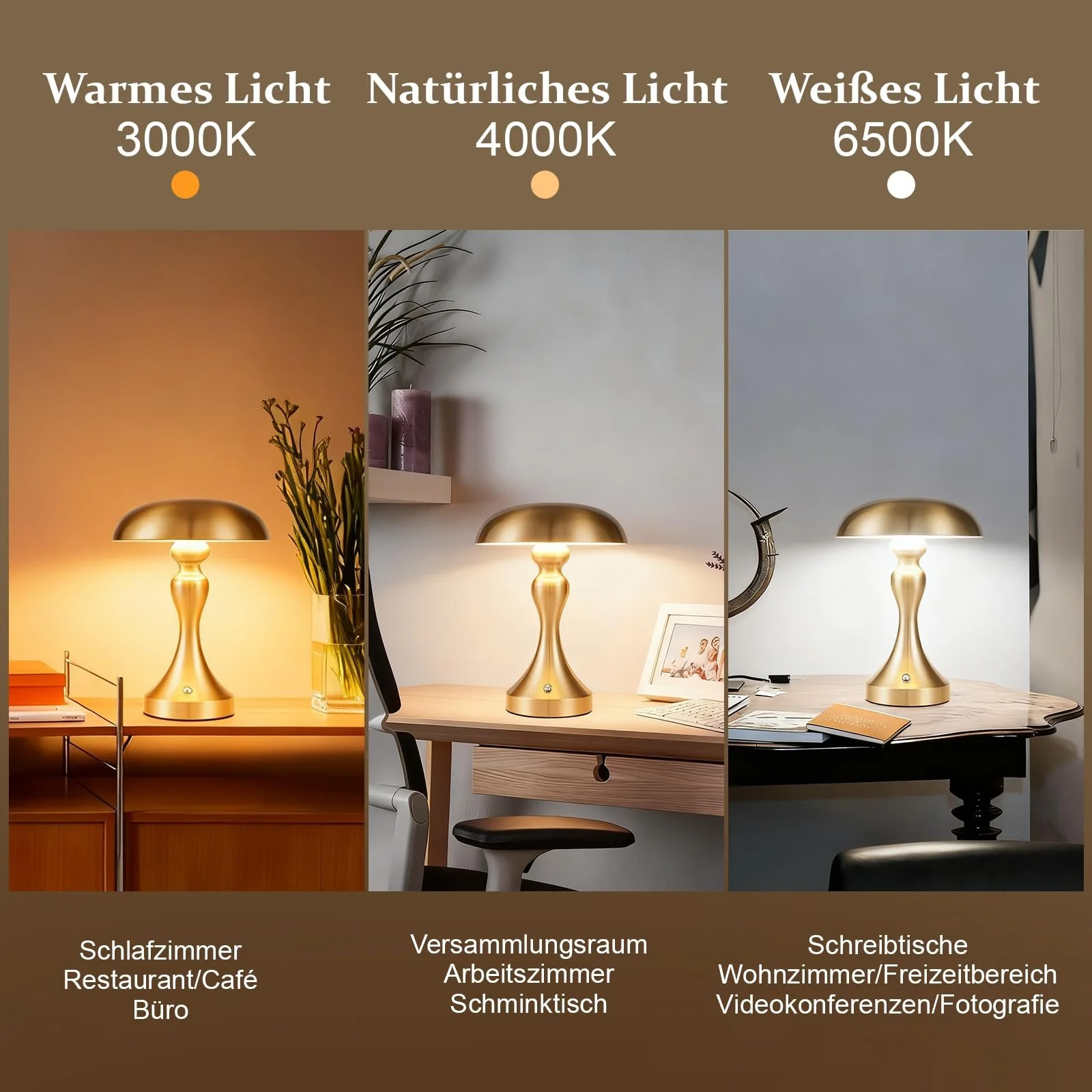 Настільна лампа LED акумуляторна сенсорна димована Vintage USB Золота бронза, фото №3