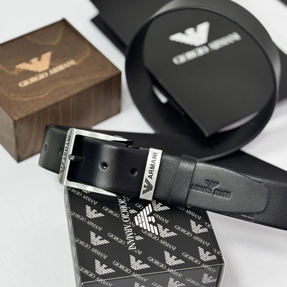 Чоловічий ремінь Armani чорний шкіряний пояс, фото №1