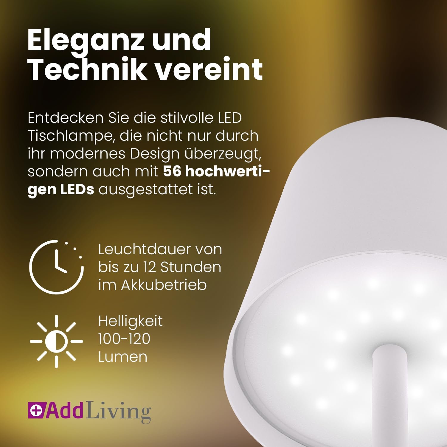 Настільна лампа AddLiving LED Бездротова Сенсорна Димуєма USB-C Акумуляторна 56 LEDs IP44 Біла, фото №4