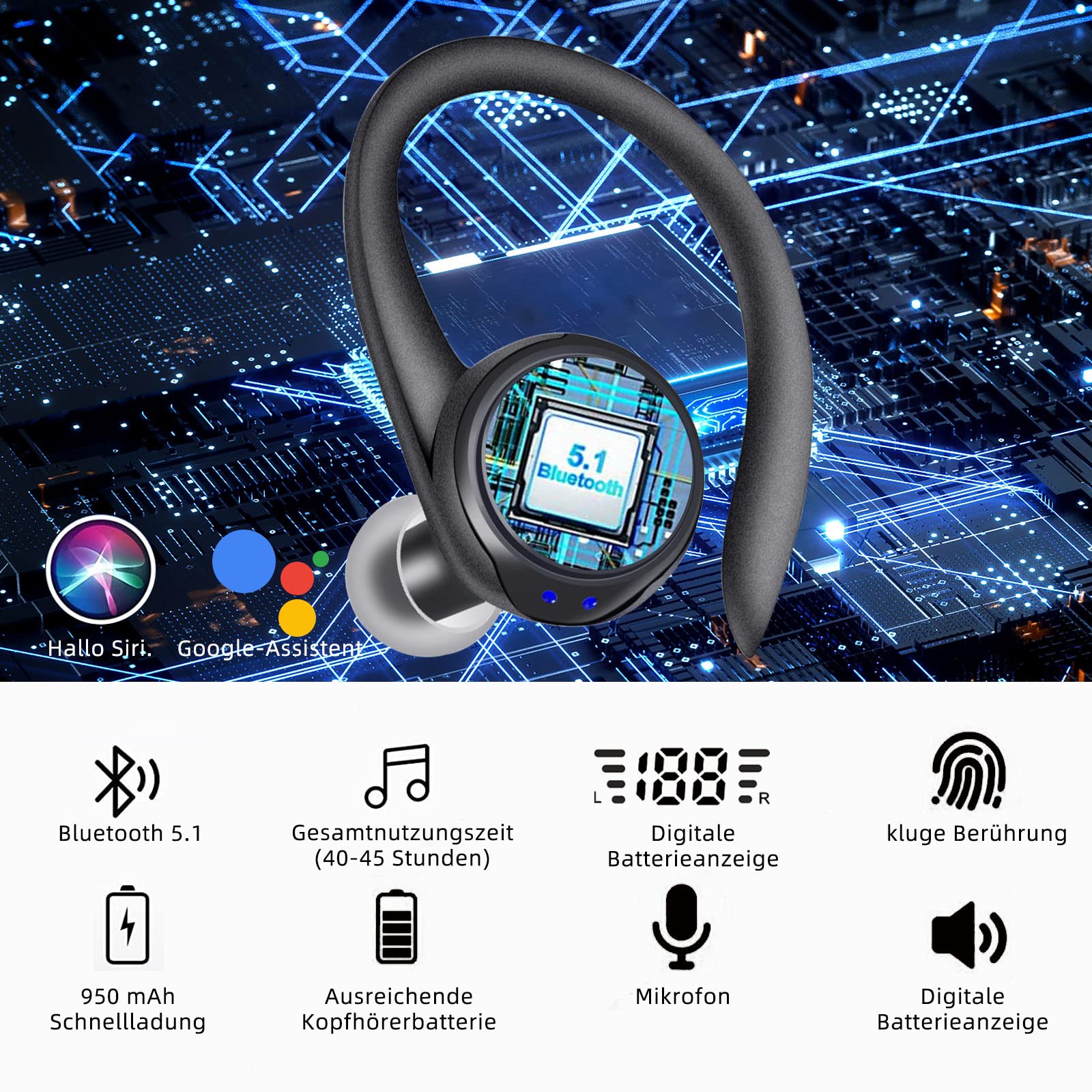 Наушники Brother International Corporat Bluetooth Беспроводные В-ухо С микрофоном Спорт HiFi Стерео звук USB-C Быстрая зарядка Шумоподавление IPX7 Водонепроницаемые, фото №2