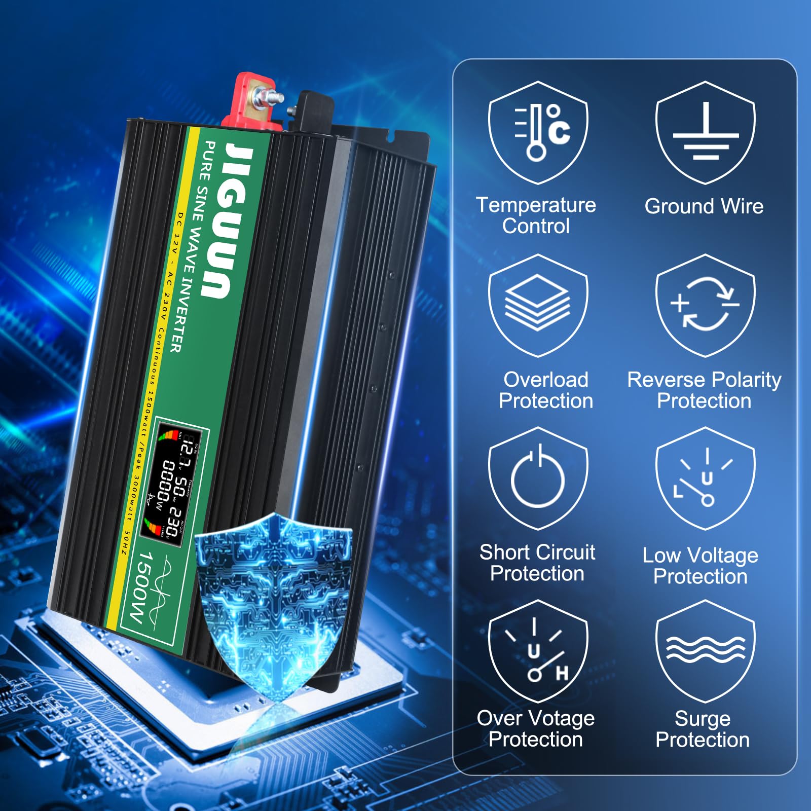 Інвертор JIGUUN Pure Sine Wave Конвертер напруги 1500 Вт 12 В 230 В 2 єврозамки USB вихід 2.1 А бездротовий пульт ДК LCD дисплей, фото №6