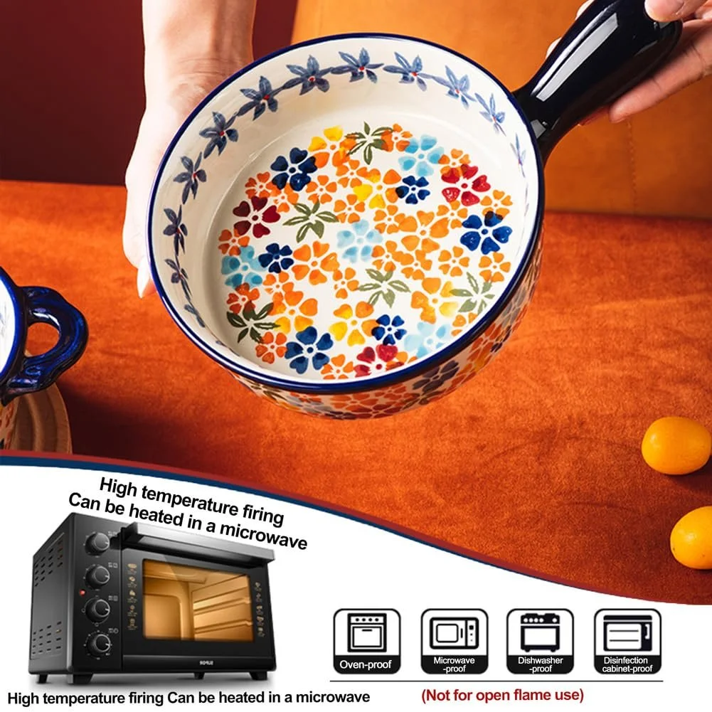 Противень Dxcaicc Керамический с одной ручкой Пятилистный цветок Синий Оранжевый Красный, фото №3