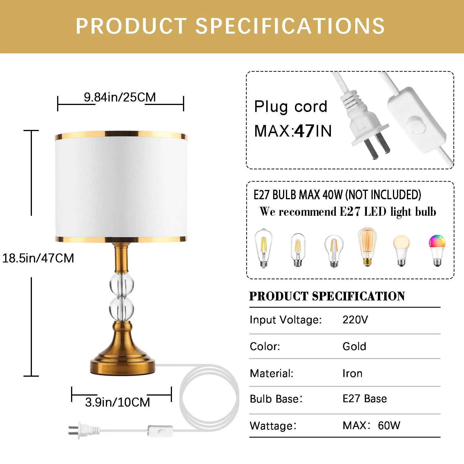 Настільна лампа E27 Crystal Кришталь Тканина Метал 25x47 см Золото з білим, фото №7