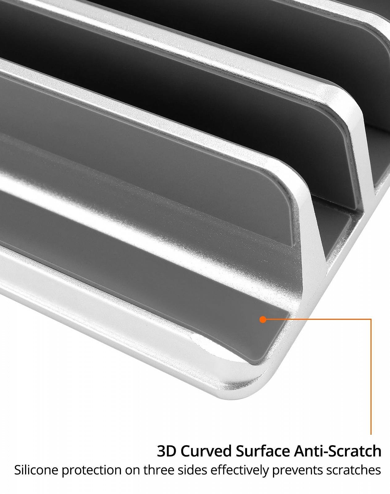 Подставка для ноутбука вертикальная QWORK 4 в 1 алюминиевая регулируемая с 2 слотами для Macbook, телефона, игровых ноутбуков, iPad серебристая, фото №3