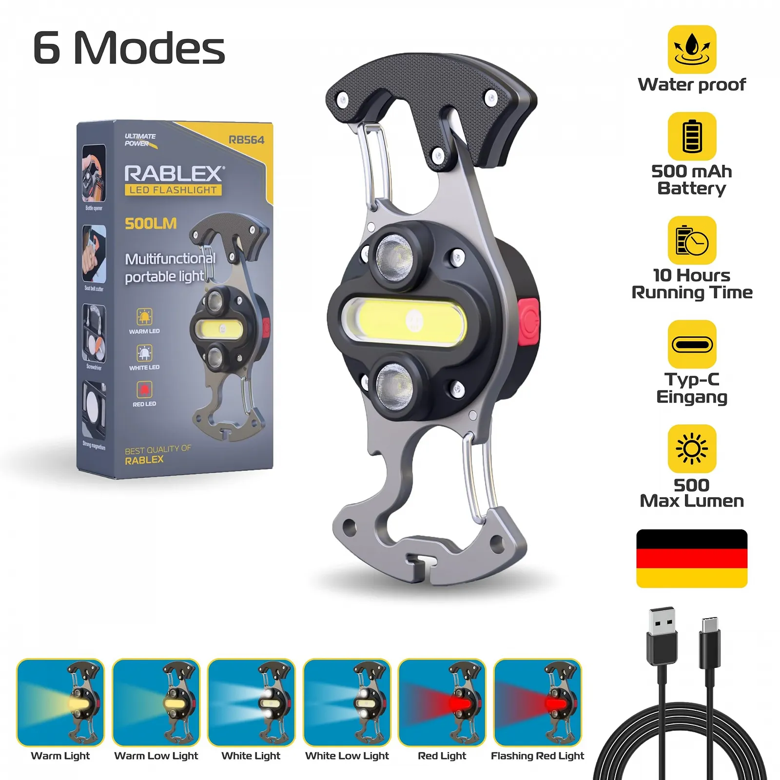 Міні LED робочий ліхтар RB564, 500 люмен, USB-C, 6 режимів освітлення та магнітна основа, фото №6