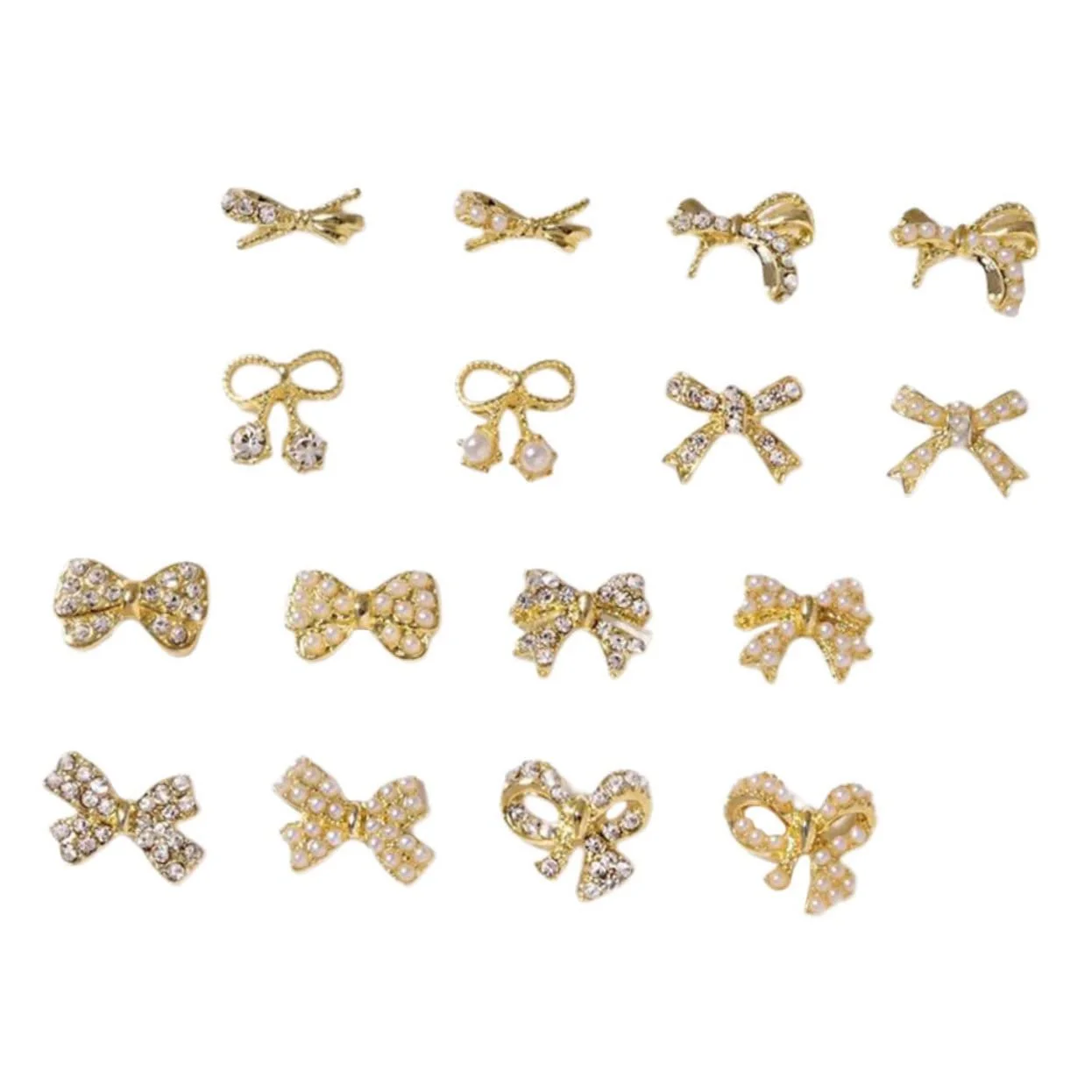 Прикраса для нігтів Mikinona, бантики, стрази, перлини, сплав, набір 16 шт., фото №1