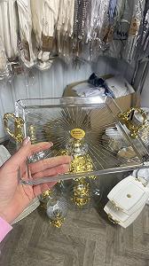 Скляне блюдо на золотій ніжці 24х24 см, тортівниця з золотими ручками - Фото 1