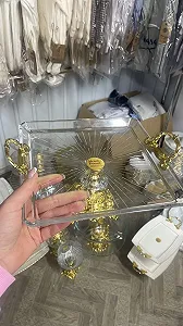 Купити Скляне блюдо на золотій ніжці 24х24 см, тортовниця з золотими ручками - Фото 1 Скляне блюдо на золотій ніжці 24х24 см, тортовниця з золотими ручками - Фото 1