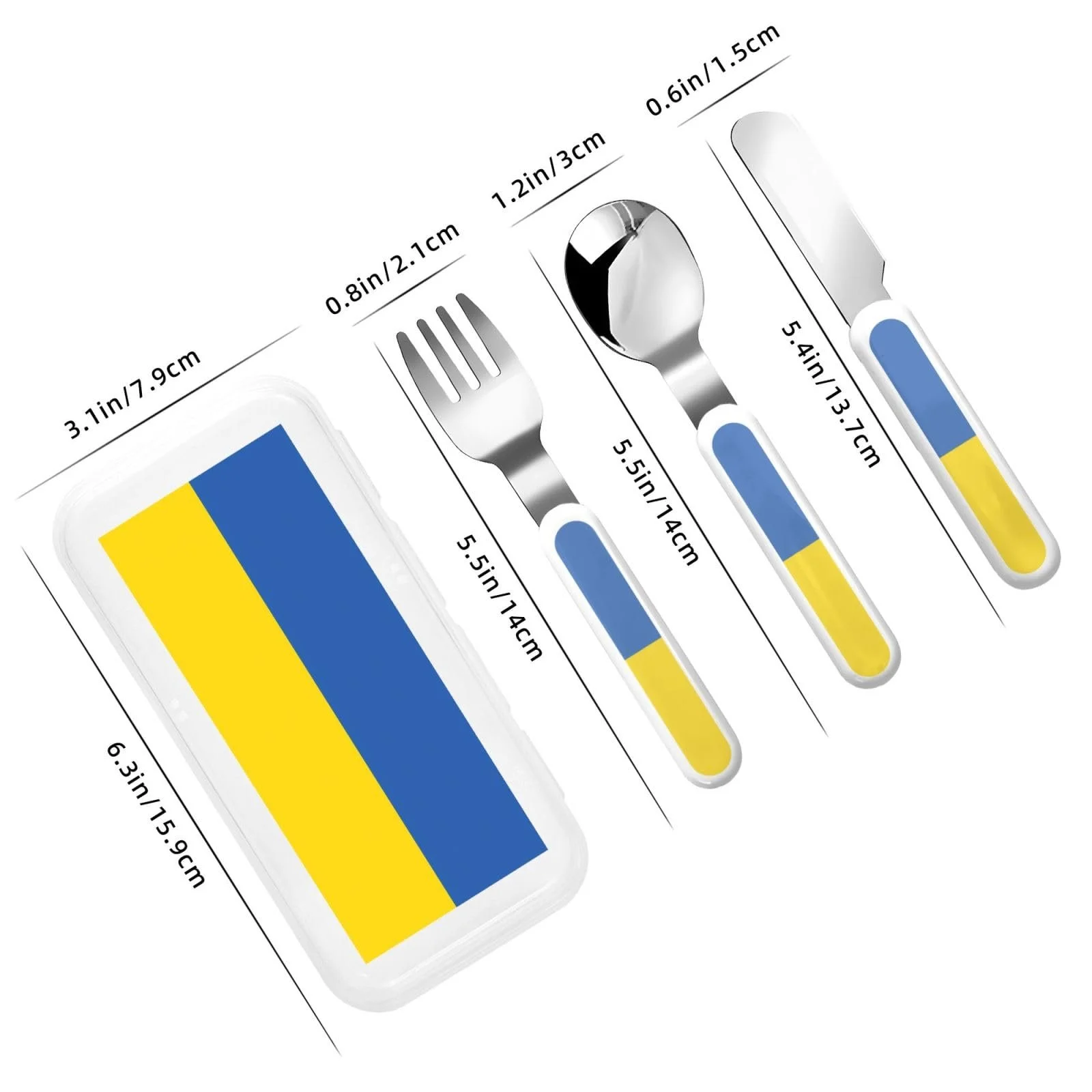 Набір дитячих столових приборів з принтом прапора України, три предмети, багаторазовий, фото №3 Набір дитячих столових приборів з принтом прапора України, три предмети, багаторазовий, фото №3