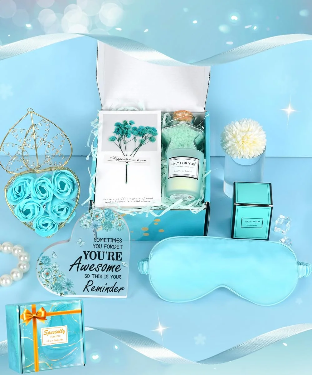 Подарунковий набір Акрилова табличка, Мило-квітка, Ароматична свічка, Сіль для ванн, Маска для сну Синій, фото №5