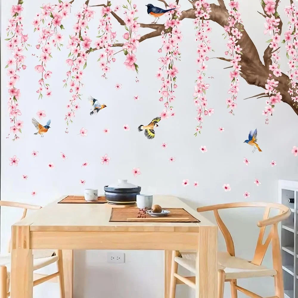 Наклейки на стіну Квіти персика та птахи DIY Рожеві, фото №5