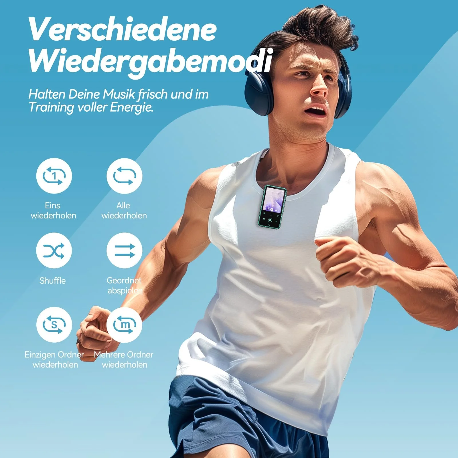 MP3-плеєр AGPTEK 64GB з кліпсою для спорту, Bluetooth 5.3, 1.8-дюймовий TFT кольоровий екран, міні-музичний плеєр з сенсорними кнопками, FM-радіо, крокомір, підтримка SD-карти до 128GB, синій, фото №5