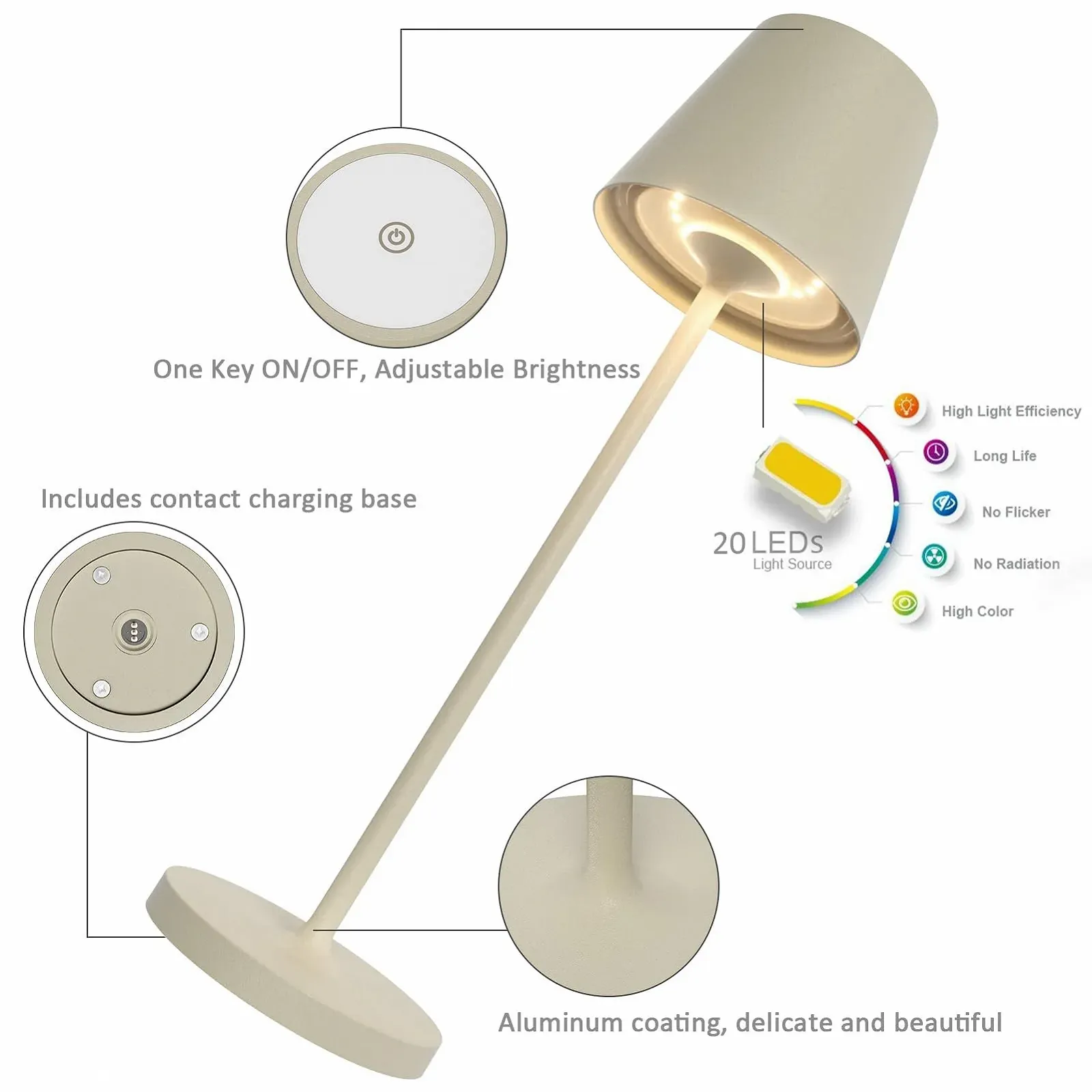 Світлодіодна настільна лампа на акумуляторі K-Bright димована 3000 K набір із 2 штук бежева дюна, фото №5