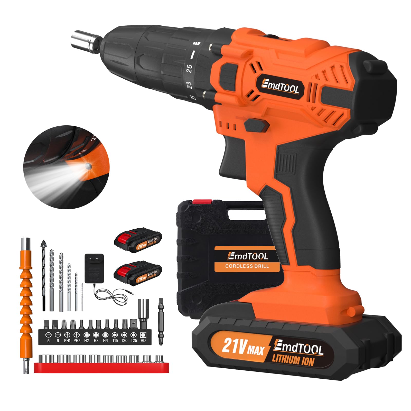 Аккумуляторная дрель-шуруповёрт HSHa 21V с 2 x 1500mAh батареями, LED рабочим светом, 25+1 настройкой момента, 29-элементами аксессуаров и кейсом, Оранжевый, фото №1 Аккумуляторная дрель-шуруповёрт HSHa 21V с 2 x 1500mAh батареями, LED рабочим светом, 25+1 настройкой момента, 29-элементами аксессуаров и кейсом, Оранжевый, фото №1
