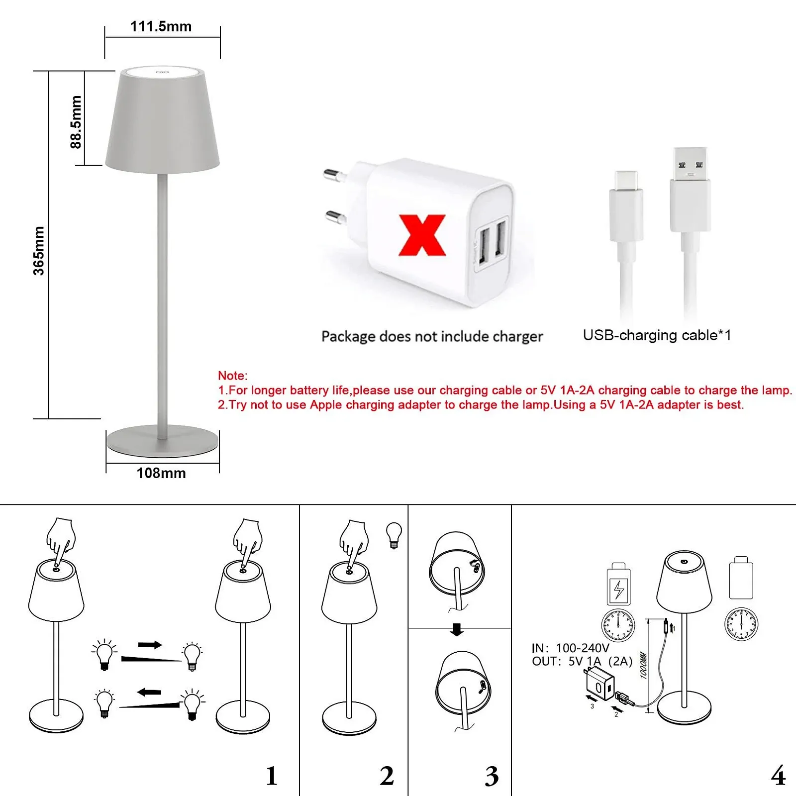 Настільна лампа LED Klighten Набір з 2 шт. Димована Акумулятор USB-C 3000 К IP54 Алюміній Пісочно-сірий, фото №4