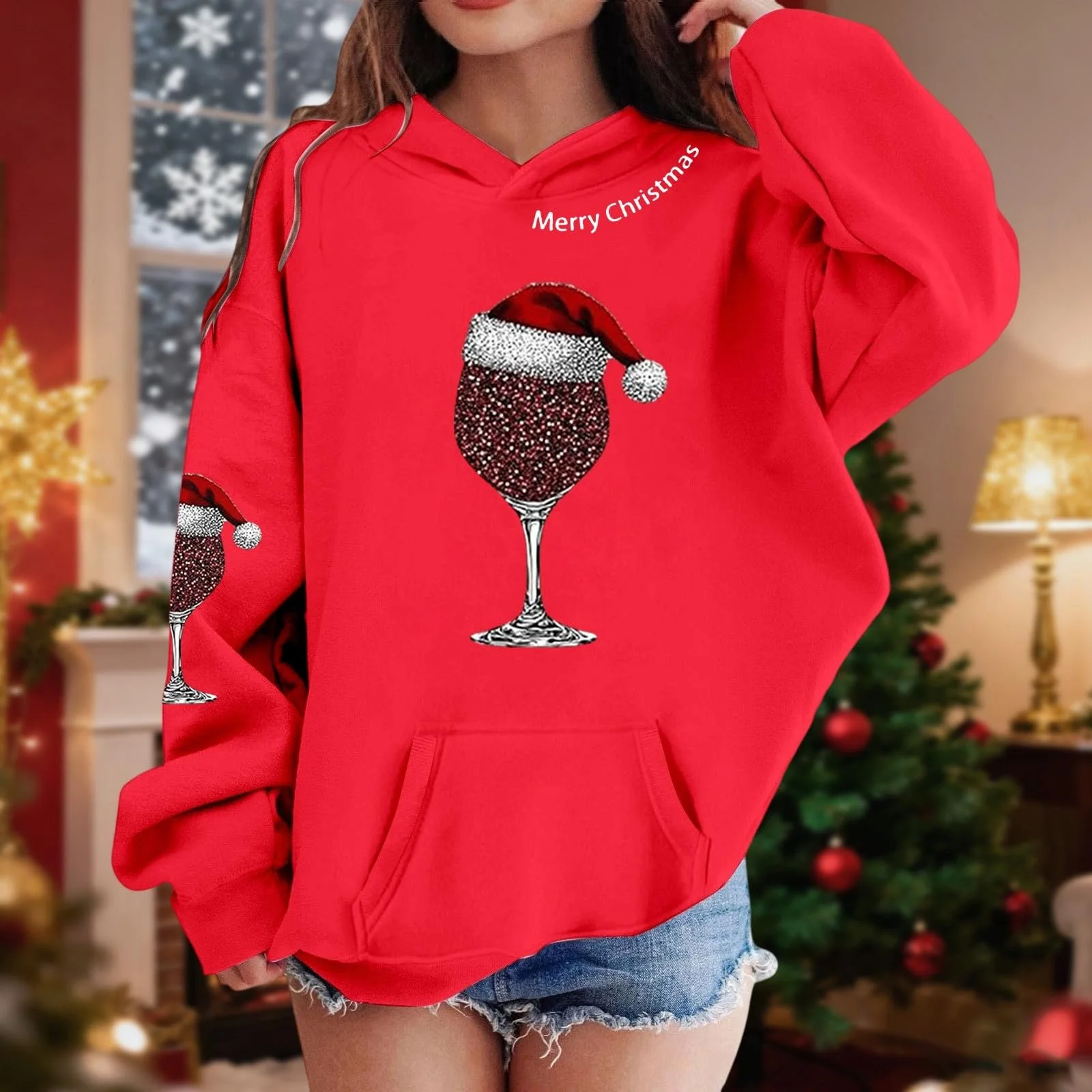 Толстовка с капюшоном для девочек с принтом, с длинными рукавами, свободного кроя, мягкая флисовая, повседневная, с игривым графическим дизайном, теплая зимняя одежда, праздничная, фото №3