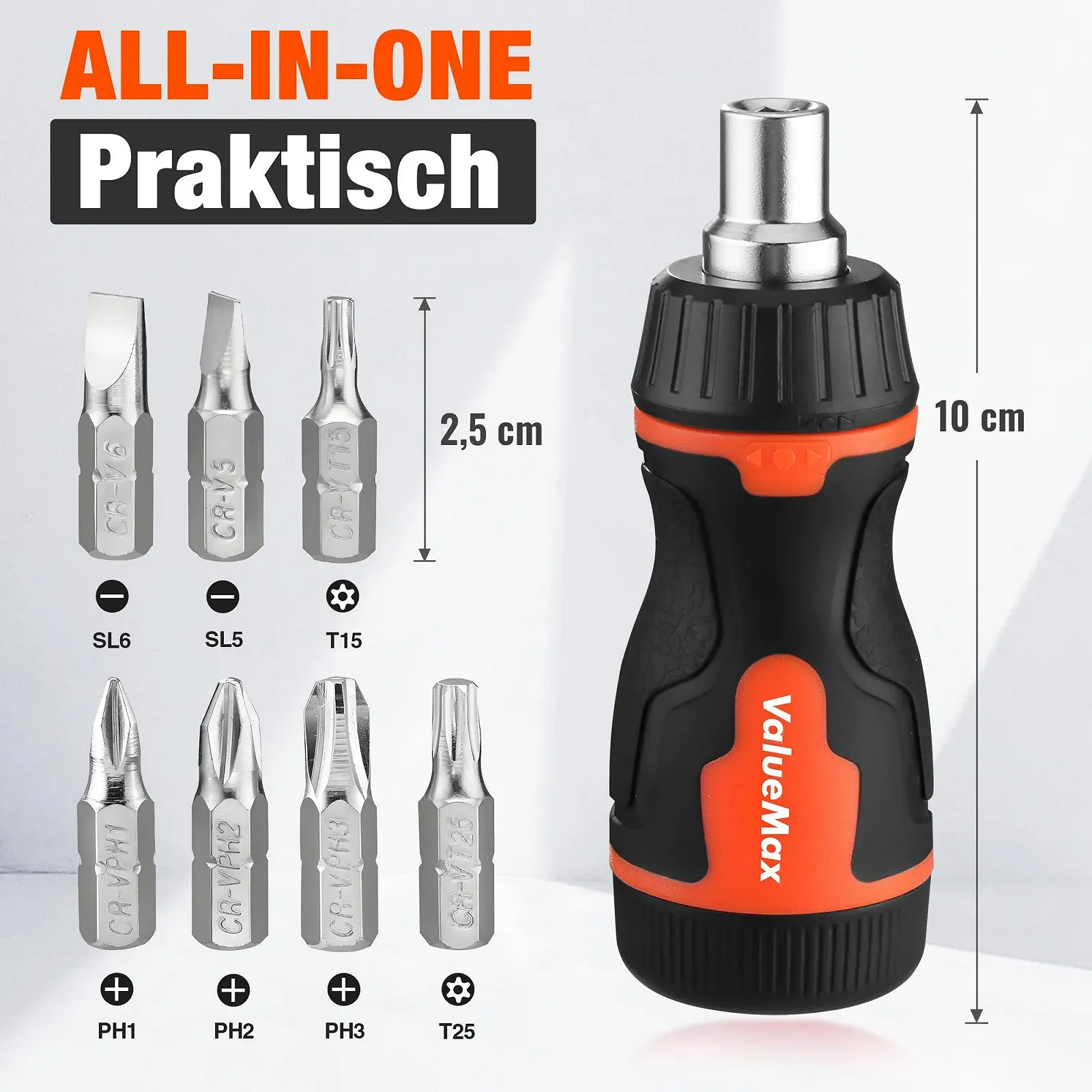 Викрутка-тріскачка ValueMax Stubby з 7 магнітними бітами (PH1/2/3, T15/25, SL5/6), коротка, фото №2