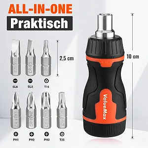 Викрутка-тріскачка ValueMax Stubby з 7 магнітними бітами (PH1/2/3, T15/25, SL5/6), коротка synthetic.ua - Фото 1