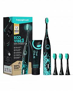Електрична звукова зубна щітка happybrush ECO VIBE 3 6 тижнів роботи Чорний/М'ятний - Фото 1