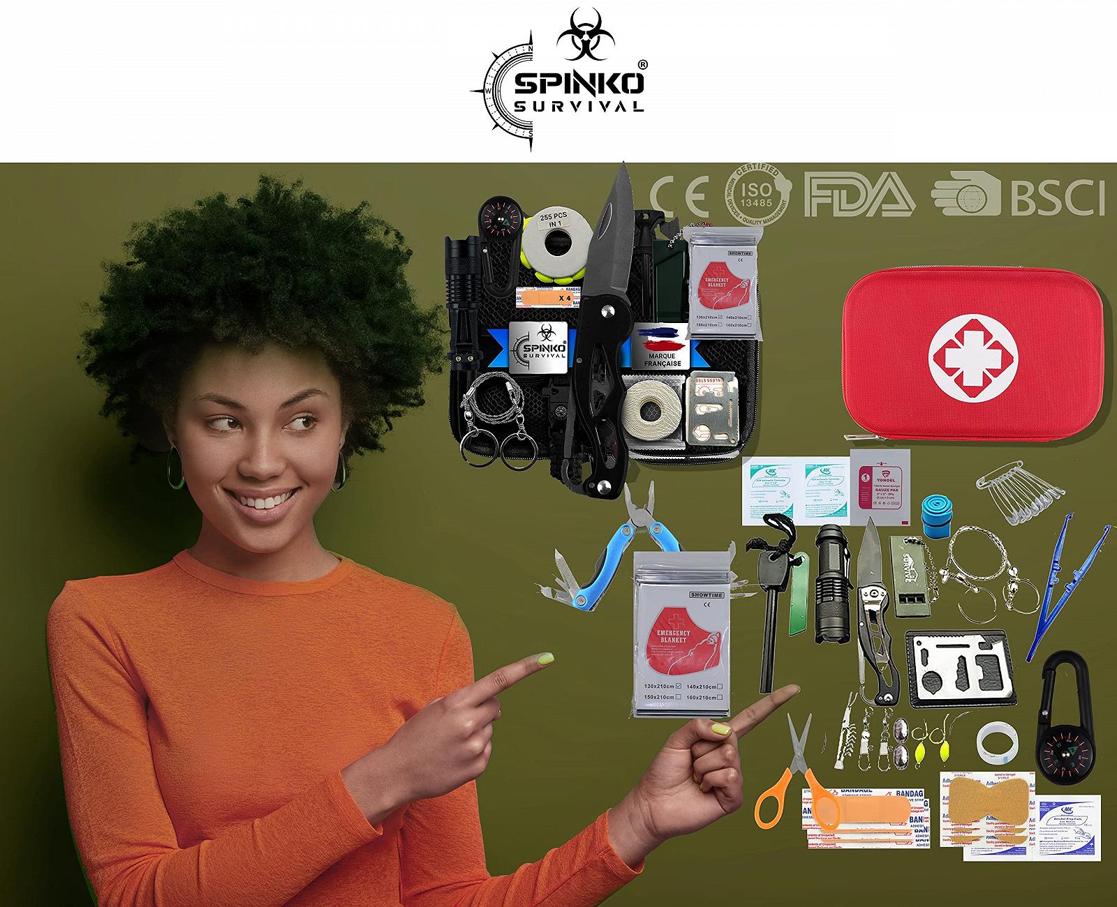 Комплект для виживання Spinko Emergency Survival Kit 255 в 1 Модель 2023 з аптечкою першої допомоги, ножем для виживання, ліхтариком, кресалом, компасом для походів, кемпінгу тощо., фото №7
