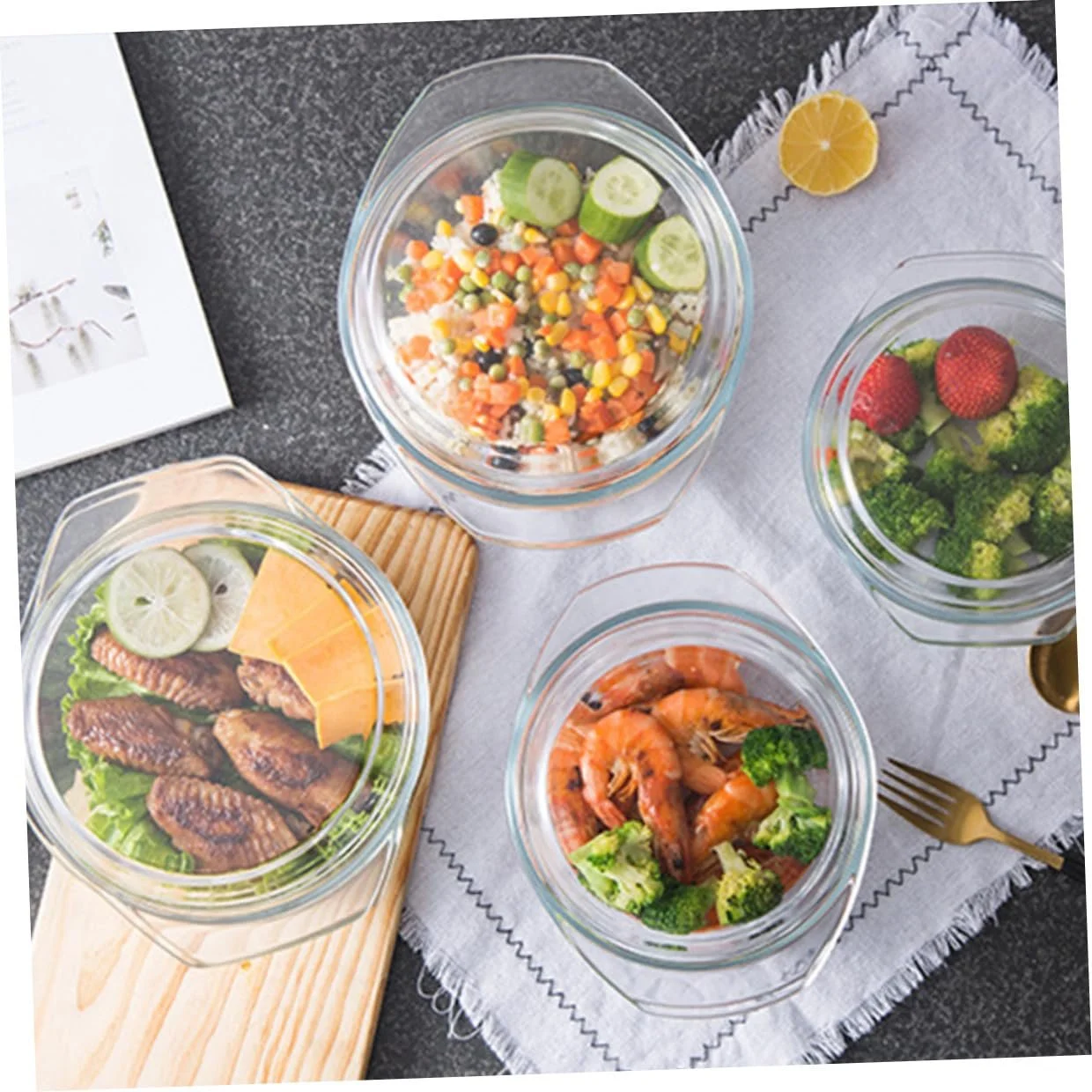 Миска стеклянная термостойкая круглая с крышкой для духовки и микроволновой печи ударопрочная, фото №4