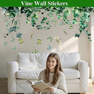 Наклейка на стіну Реалістичне листя плюща з метеликами та бабками Зелена ПВХ synthetic.ua - Фото 1