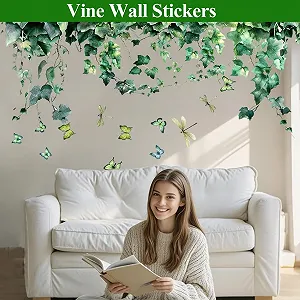 Наклейка на стіну Реалістичне листя плюща з метеликами та бабками Зелена ПВХ synthetic.ua - Фото 1