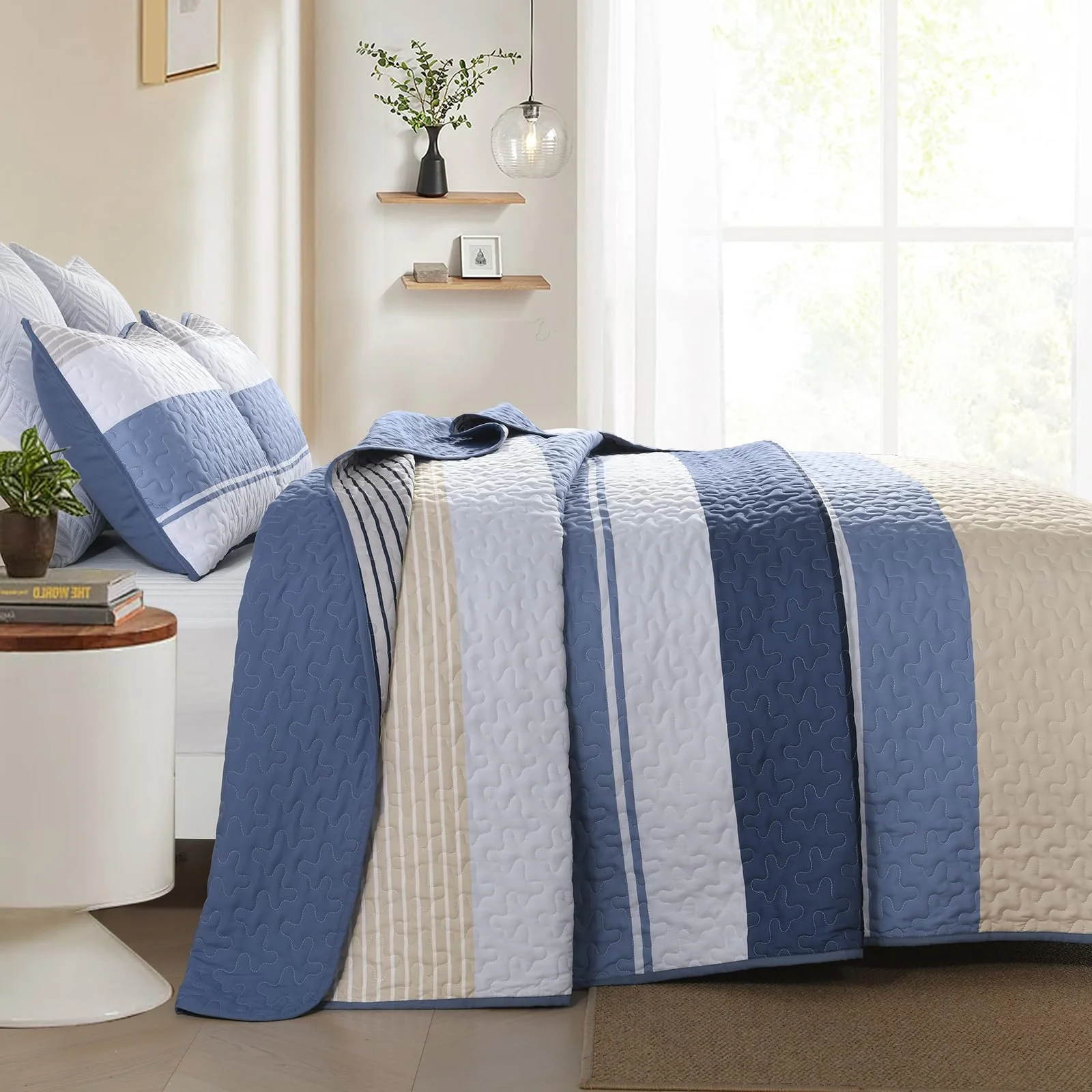 Покрывало WONGS BEDDING 240 x 260 см, синяя полоса, двуспальное, стеганое, из микроволокна, с 2 наволочками 50 x 75 см, синего цвета, фото №7