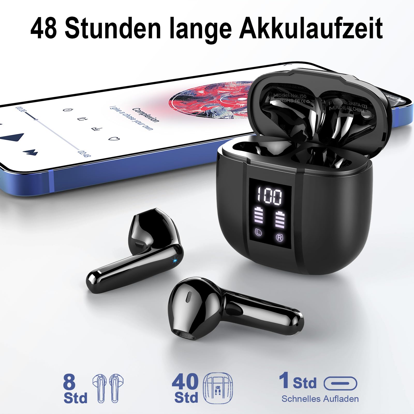 Навушники Bluetooth Безпровідні 5.3 Власновушні IP7 з Мікрофоном 48 годин Глибокі баси з LED-дисплеєм, фото №3