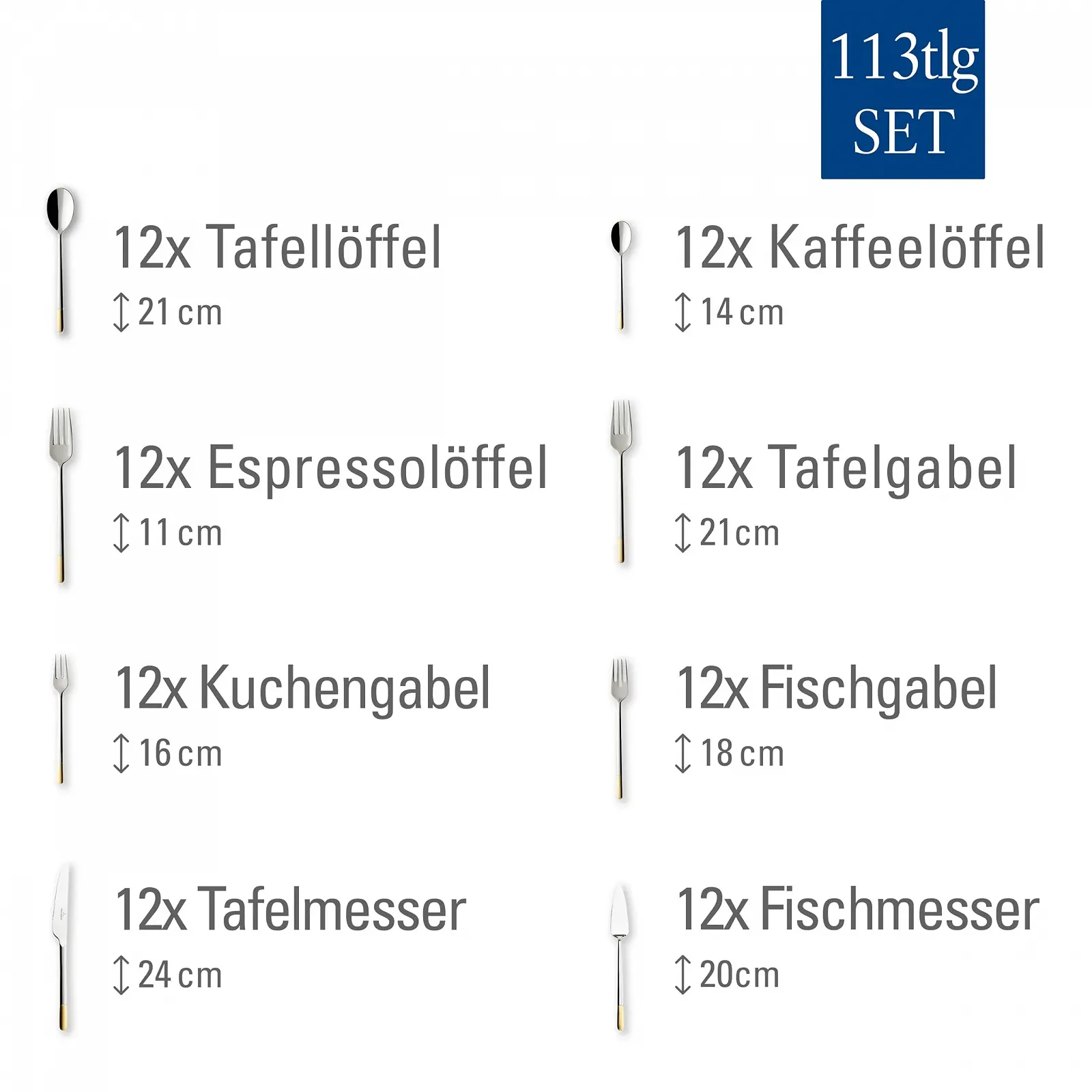 Набір столових приборів Villeroy & Boch Ella з частковим золотим покриттям 113 предметів, нержавіюча сталь 18/10, фото №3