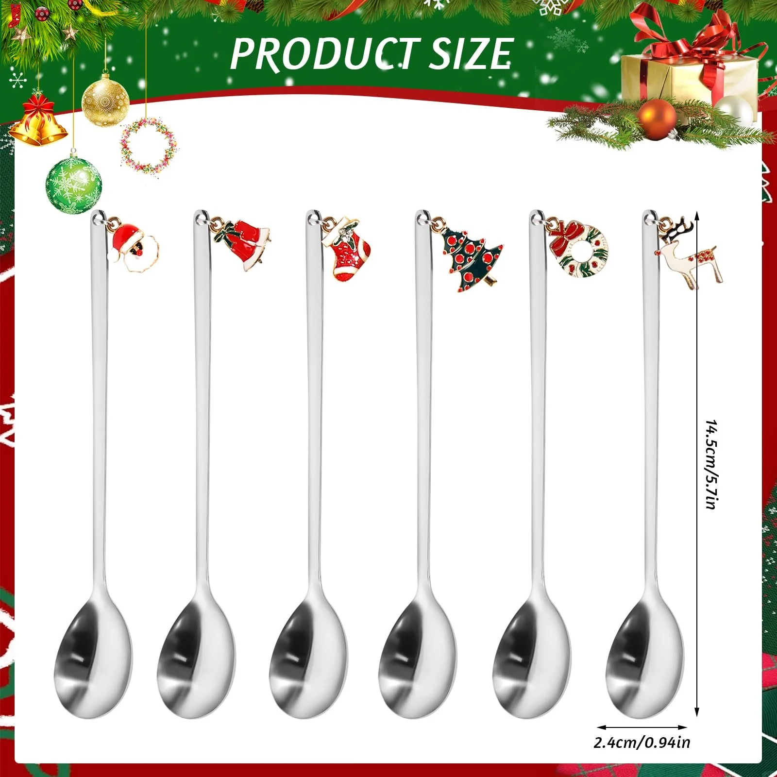 Набор рождественских ложек 6 шт, Рождественские столовые приборы Кофейные ложки, Рождественский набор столовой посуды, Рождественская ложка из нержавеющей стали для украшения рождественского стола, фото №2