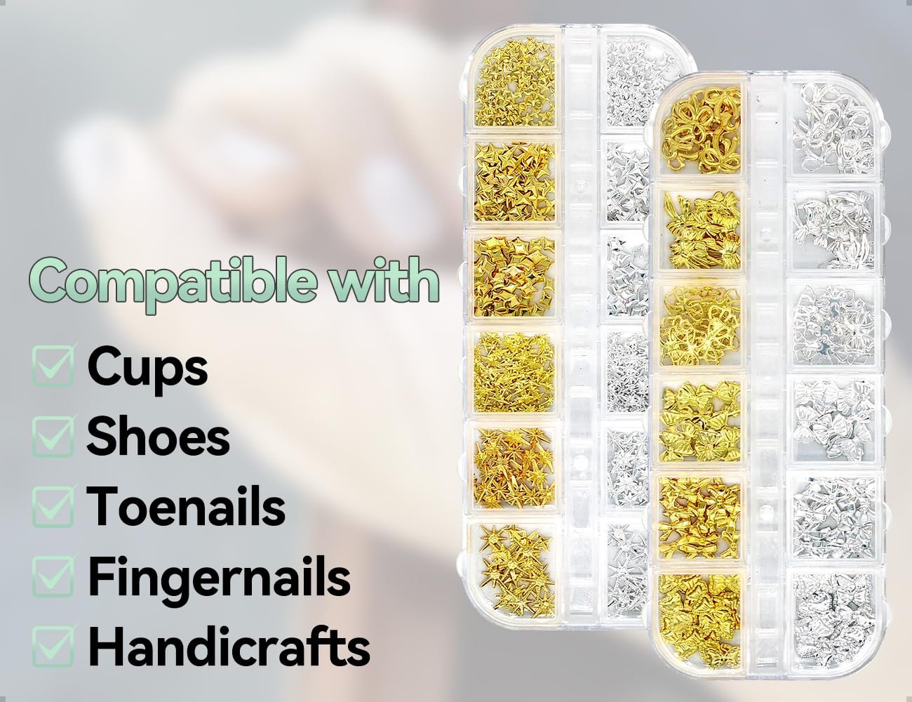 Украшения для ногтей Звезды и Бантики, Металлические украшения для ногтей с блестками, Аксессуары для украшения ногтей для DIY, поделок (Золотой, Серебряный), фото №7