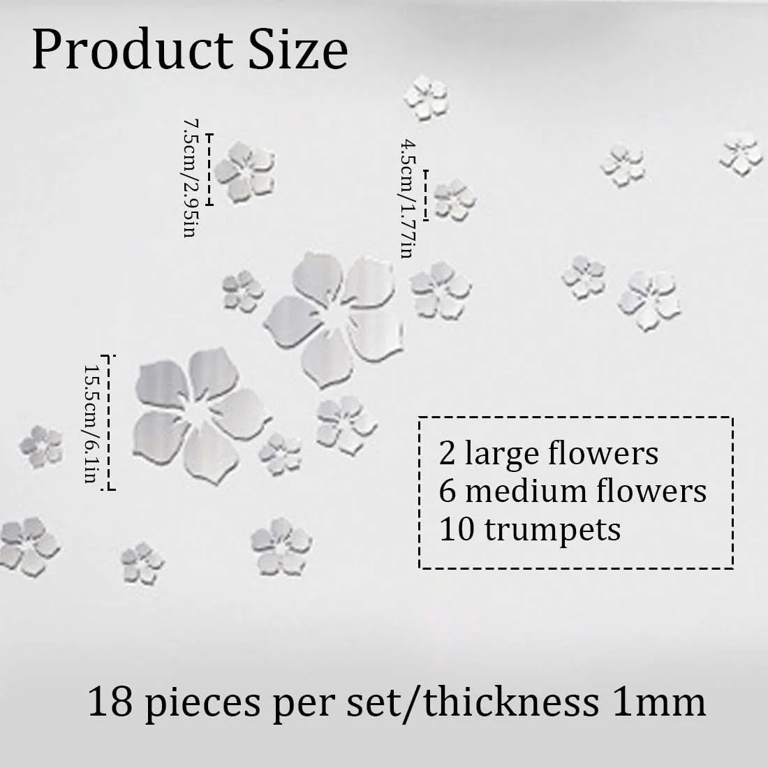 Наклейки на стіну Набір 18 шт. Акрилові квіти Метелики 3D Дзеркальні Сріблястий, фото №2