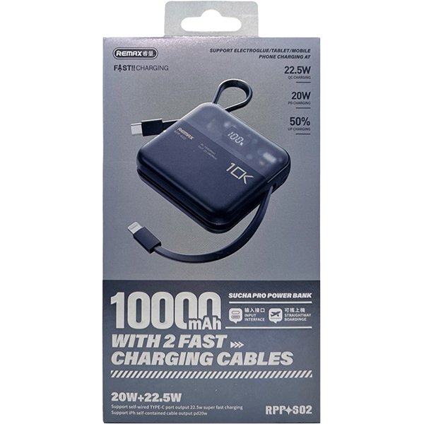 Міні повербанк 10000мАг 22.5W Remax RPP-602 з кабелем Type-C Lightning PD+QC Чорний, фото №7